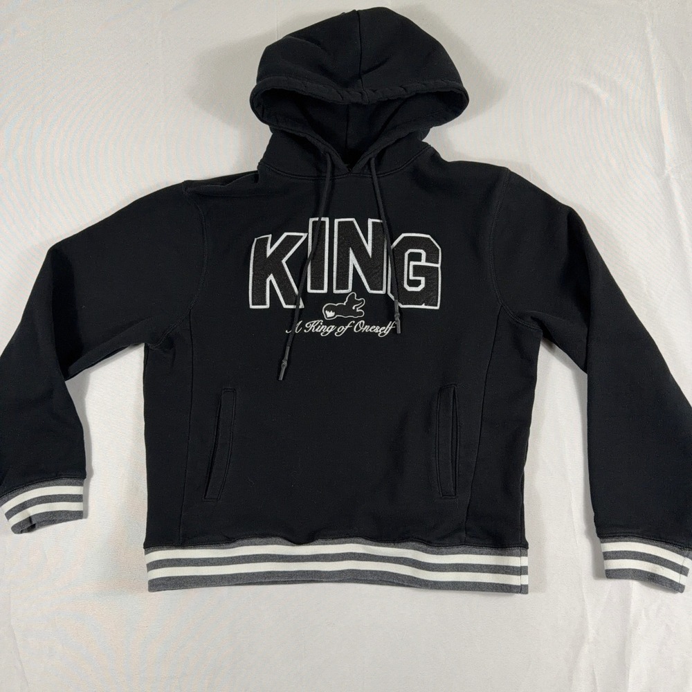 AKOO Hoodie King Graphic Varsity Striped Pullover Mens Streetwear Black Size XL